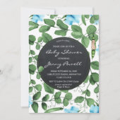 Blaue Babydusche Einladung Jungenerbse in einer Ka (Vorderseite)