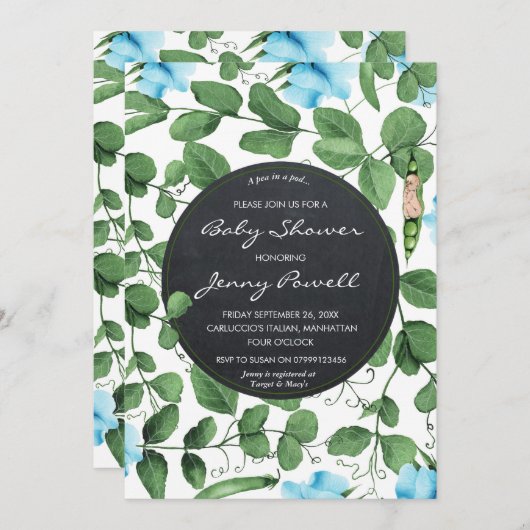 Blaue Babydusche Einladung Jungenerbse in einer Ka (Vorne/Hinten)