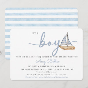 Blaue Babyparty-Einladung mit Segelboot und Streif Einladung