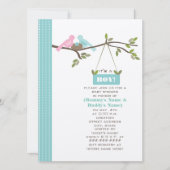 Blaue Babyparty-Mama u. Vati-Vögel u. Nest Einladung (Vorderseite)