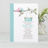 Blaue Babyparty-Mama u. Vati-Vögel u. Nest Einladung (Stehend Vorderseite)