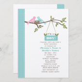 Blaue Babyparty-Mama u. Vati-Vögel u. Nest Einladung (Vorne/Hinten)