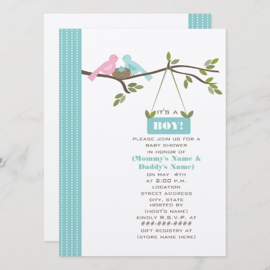 Blaue Babyparty-Mama u. Vati-Vögel u. Nest Einladung (Vorne/Hinten)