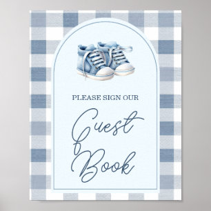 Blaue Babyschuhe Gingham-Baby-Party-Gästebuch Poster