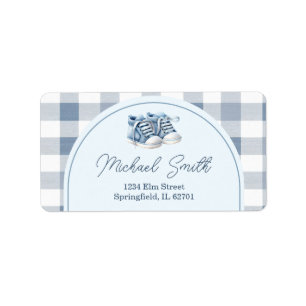 Blaue Babyschuhe Gingham-Junge Baby Shower Adresse Adressaufkleber