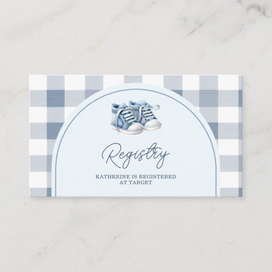 Blaue Babyschuhe Gingham-Junge Baby Shower Geschen Begleitkarte (Vorderseite)