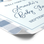 Blaue Babyschuhe Gingham-Junge Baby Shower Willkom Poster (Ecke)