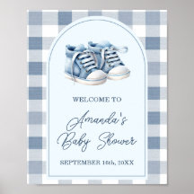 Blaue Babyschuhe Gingham-Junge Baby Shower Willkom