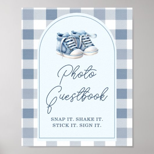 Blaue Babyschuhe Gingham-Junge-Shower-Foto-Gästebu Poster (Vorne)