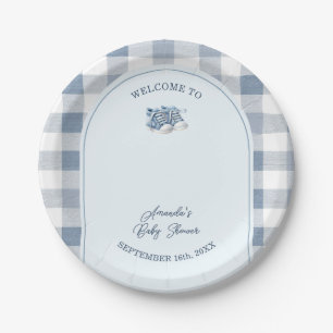Blaue Babyschuhe Gingham-Jungenstiefelchen Baby Sh Pappteller