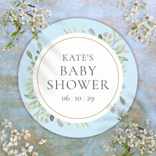 Blaue Babyshower-Wasserfarbe Greenery Blätter für  Runder Aufkleber