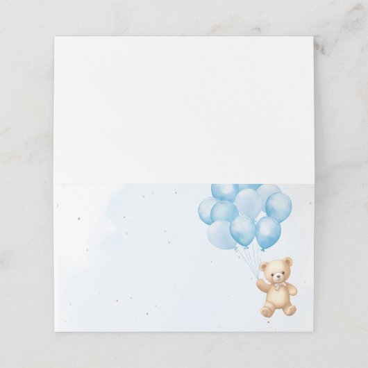 Blaue Ballons, die eine Babydusche tragen Platzkarte (Außenseite Aufgefaltet)