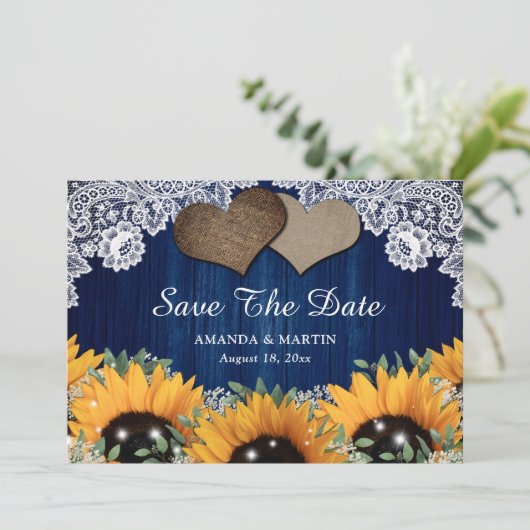 Blaue Barriere und Sonnenblume speichern die Datum Save The Date (Stehend Vorderseite)