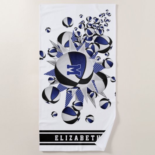 Blaue Basketball-Stars mit Monogramm Strandtuch (Vorderseite)