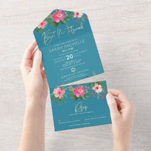 Blaue Bat Mitzvah Gold Schrift Floral Wasserfarbe All In One Einladung