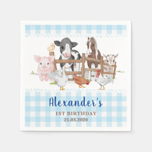 Blaue Bauernhof-Tiere für den 1. Geburtstag Kinder Serviette