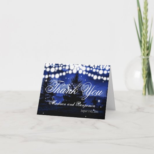 Blaue Baum-Twinkle-Lichter Hochzeit Danke-Karten Dankeskarte (Vorderseite)