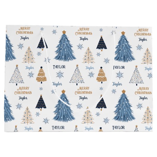 Blaue Bäume Moderner Weihnachtsnachtsname Text Große Geschenktüte (Rückseite)