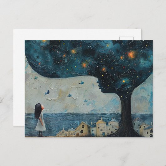 Blaue Bäume und erstaunliche kleine Häuser am Meer Postkarte (Vorne/Hinten)