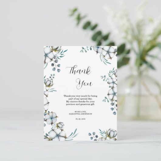 Blaue Baumwollsorten-Blume-Eukalyptus-Brautparty Dankeskarte (Stehend Vorderseite)