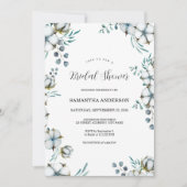 Blaue Baumwollsorten-Blume-Eukalyptus-Brautparty Einladung (Vorderseite)