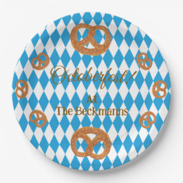 Blaue bayerische Oktoberfest-Brezeln personalisier Pappteller