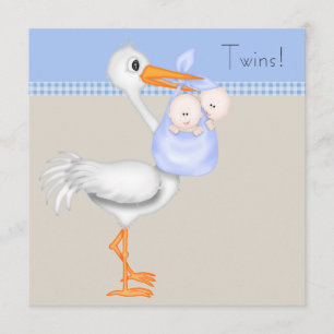 Blaue Beige Gingham-Storch-Zwillinge-Baby-Junge-Sh Einladung
