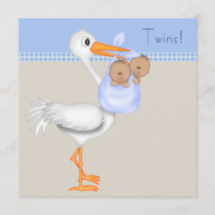 Blaue Beige Gingham Storch Zwillings-Jungen-Baby-P Einladung