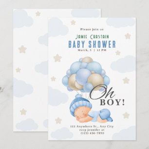 Blaue Beige Moderne Jungen mit Ballons Baby-Party Einladung