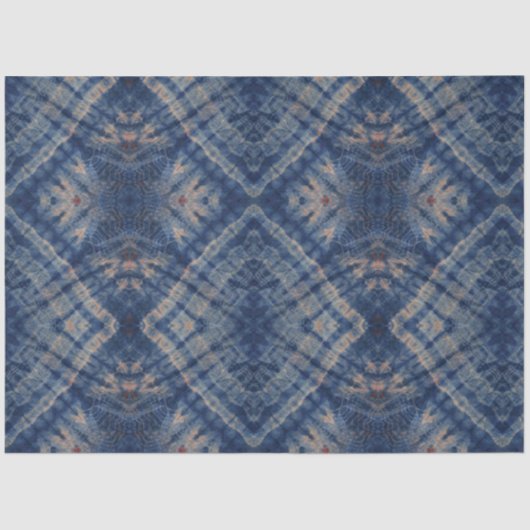 Blaue Beige Quadrate Gefärbte Krawatte Traditionel Seidenpapier (Vorderseite)