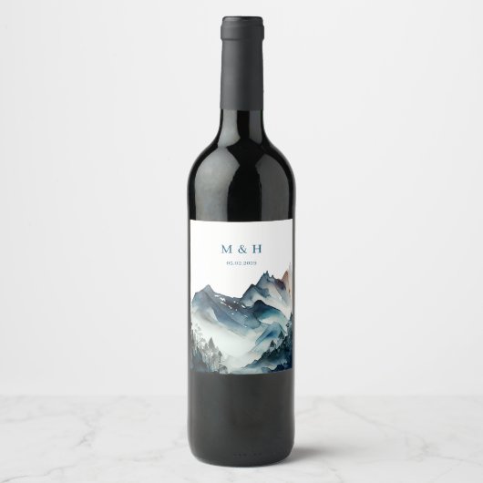 Blaue Berge Rustikale Hochzeit Weinetikett (Vorderseite)