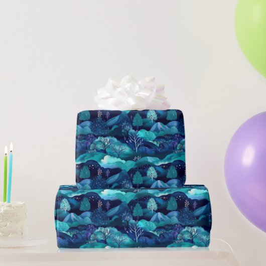 Blaue Berge und Baumdesign Geschenkpapier (Partygeschenke)
