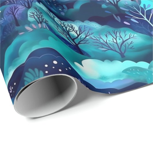 Blaue Berge und Baumdesign Geschenkpapier (Rolleneckpunkt)