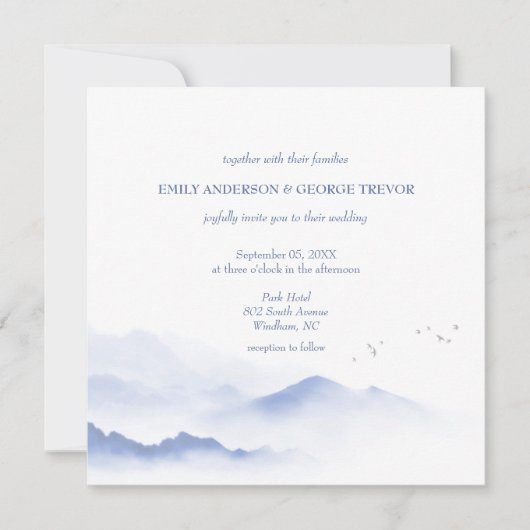 Blaue Berge und Vögel - Einladung zur Hochzeit (Vorderseite)