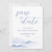 Blaue Berge und Vögel Hochzeit speichern das Datum Einladung (Vorderseite)