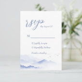 Blaue Berge und Vögel Hochzeitskarte RSVP Karte (Stehend Vorderseite)