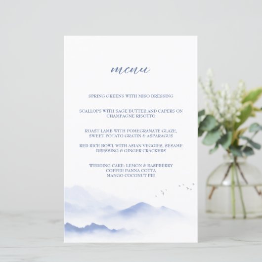 Blaue Berge und Vögel Hochzeitsmenü (Stehend Vorderseite)