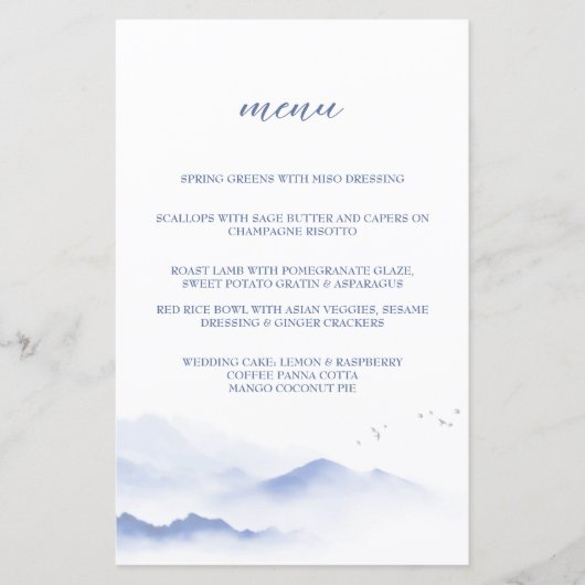 Blaue Berge und Vögel Hochzeitsmenü (Vorderseite)