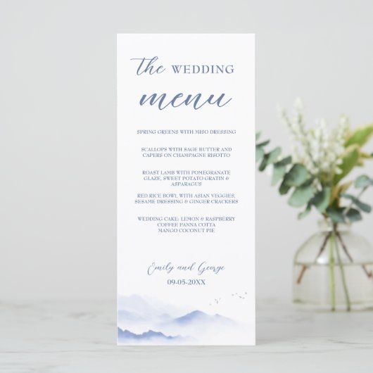 Blaue Berge und Vögel Hochzeitsmenü Menükarte (Stehend Vorderseite)