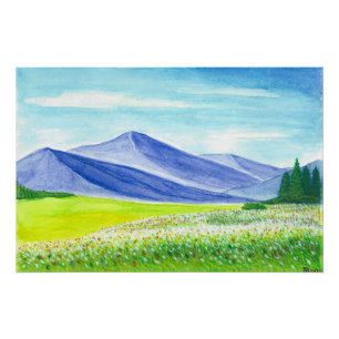 Blaue Bergtal-Wildblumen-Aquarell Poster