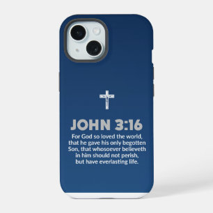Blaue Bibelvers-Zitat John 3:16 Kruzifix iPhone 15 Hülle