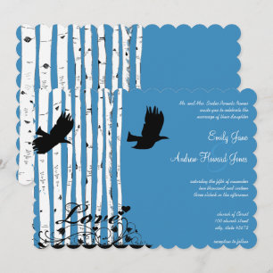 Blaue Birken-Liebesvogel-Wald-Hochzeitseinladungen Einladung