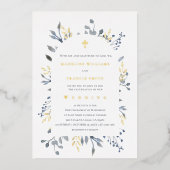 blaue Blätter Hochzeit Folieneinladung (Vorderseite)