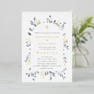 blaue Blätter Hochzeit Folieneinladung
