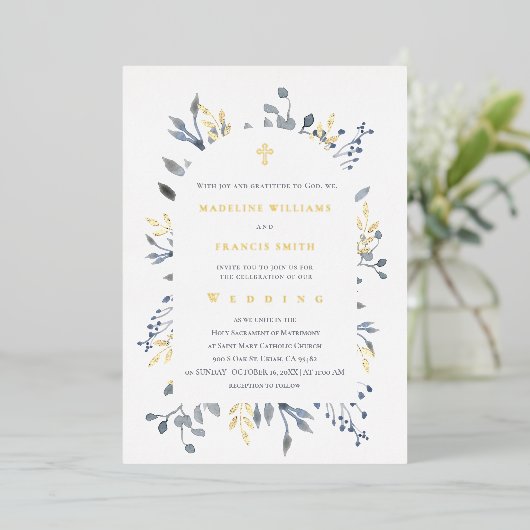 blaue Blätter Hochzeit Folieneinladung (Stehend vorne)