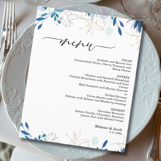 Blaue Blätter Hochzeitsmenü Karte