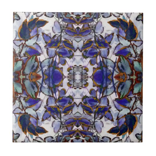 Blaue Blätter Kaleidoskop Tile Fliese (Vorderseite)