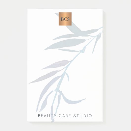 Blaue Blätter metallisches Goldkupfer mit Monogram Post-it Klebezettel (Vorderseite)