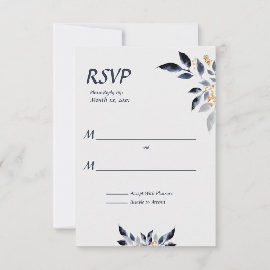 Blaue Blätter mit Gold Wedding RSVP (Vorderseite)