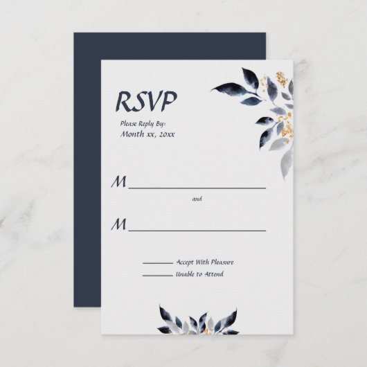 Blaue Blätter mit Gold Wedding RSVP (Vorne/Hinten)